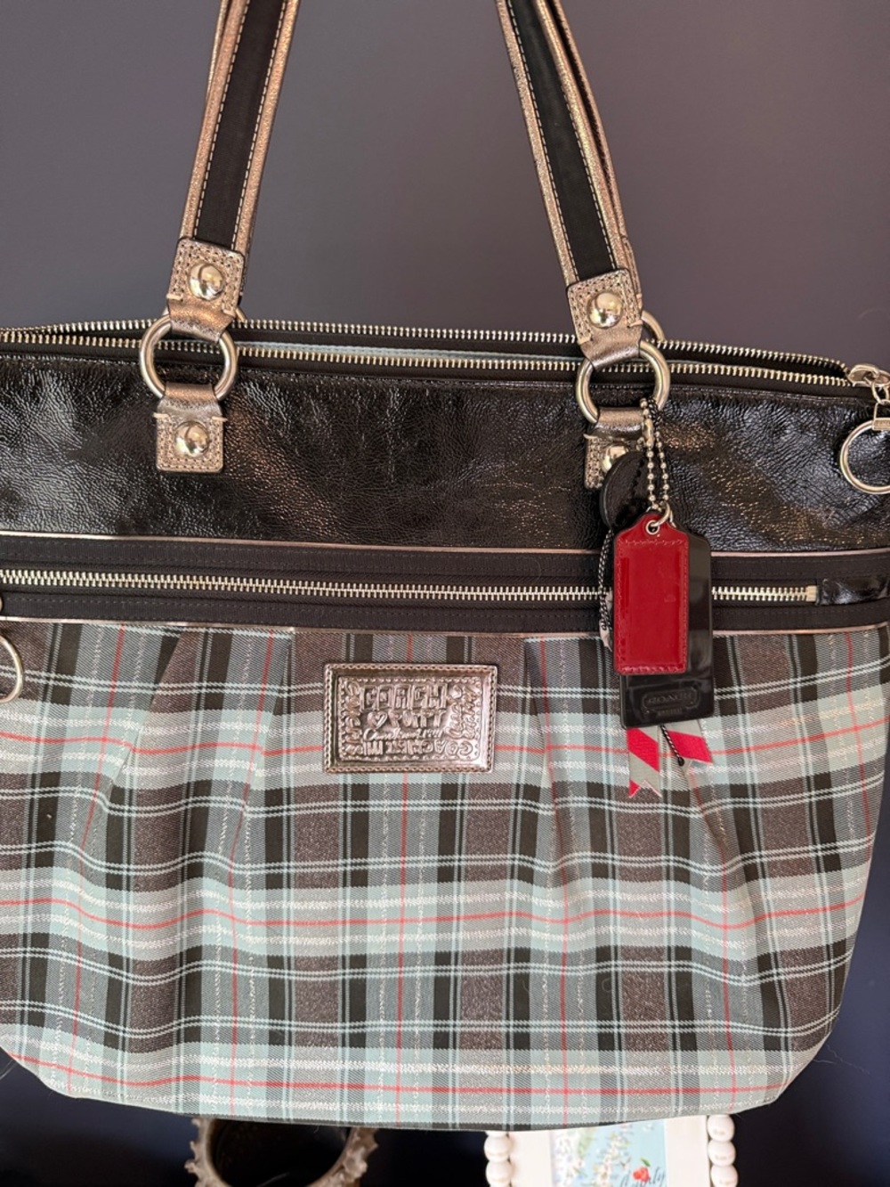 Coach Plaid Tote with Black Trim and Red Charm